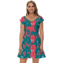 Cute Smiling Red Octopus Swimming Underwater Short Sleeve Tiered Mini Dress by Pakemis