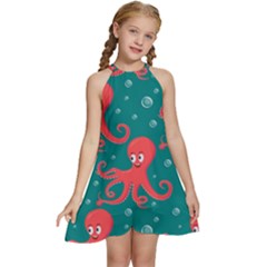 Cute Smiling Red Octopus Swimming Underwater Kids  Halter Collar Waist Tie Chiffon Dress