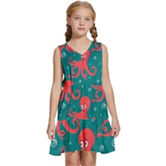 Cute Smiling Red Octopus Swimming Underwater Kids  Sleeveless Tiered Mini Dress