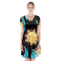 Seamless Pattern With Sun Moon Children Short Sleeve V-neck Flare Dress by Pakemis