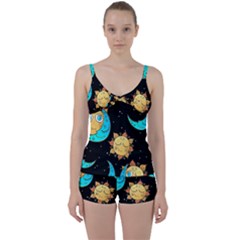 Seamless Pattern With Sun Moon Children Tie Front Two Piece Tankini by Pakemis