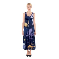 Marine Seamless Pattern Thin Line Memphis Style Sleeveless Maxi Dress by Pakemis