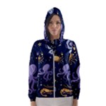 Marine Seamless Pattern Thin Line Memphis Style Women s Hooded Windbreaker