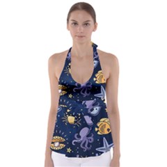 Marine Seamless Pattern Thin Line Memphis Style Babydoll Tankini Top by Pakemis