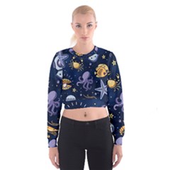 Marine Seamless Pattern Thin Line Memphis Style Cropped Sweatshirt by Pakemis