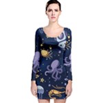 Marine Seamless Pattern Thin Line Memphis Style Long Sleeve Velvet Bodycon Dress