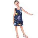 Marine Seamless Pattern Thin Line Memphis Style Kids  Sleeveless Dress