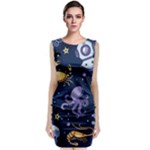 Marine Seamless Pattern Thin Line Memphis Style Sleeveless Velvet Midi Dress