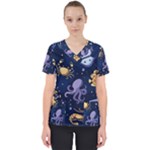 Marine Seamless Pattern Thin Line Memphis Style Women s V-Neck Scrub Top