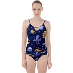 Marine Seamless Pattern Thin Line Memphis Style Cut Out Top Tankini Set by Pakemis