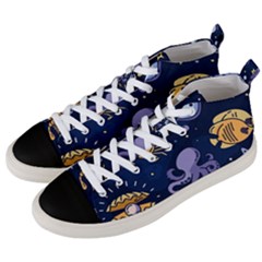 Marine Seamless Pattern Thin Line Memphis Style Men s Mid-top Canvas Sneakers by Pakemis