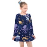 Marine Seamless Pattern Thin Line Memphis Style Kids  Long Sleeve Dress