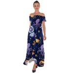 Marine Seamless Pattern Thin Line Memphis Style Off Shoulder Open Front Chiffon Dress