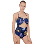 Marine Seamless Pattern Thin Line Memphis Style Scallop Top Cut Out Swimsuit