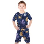 Marine Seamless Pattern Thin Line Memphis Style Kids  Tee and Shorts Set