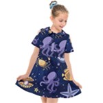 Marine Seamless Pattern Thin Line Memphis Style Kids  Short Sleeve Shirt Dress