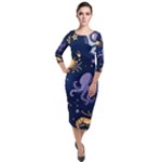 Marine Seamless Pattern Thin Line Memphis Style Quarter Sleeve Midi Velour Bodycon Dress