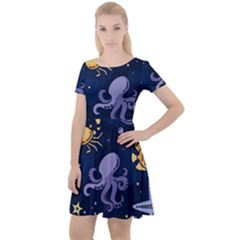 Marine Seamless Pattern Thin Line Memphis Style Cap Sleeve Velour Dress  by Pakemis