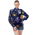 Marine Seamless Pattern Thin Line Memphis Style High Neck Long Sleeve Chiffon Top