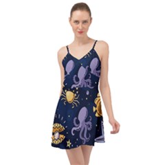 Marine Seamless Pattern Thin Line Memphis Style Summer Time Chiffon Dress