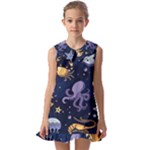 Marine Seamless Pattern Thin Line Memphis Style Kids  Pilgrim Collar Ruffle Hem Dress