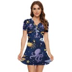 Marine Seamless Pattern Thin Line Memphis Style V-Neck High Waist Chiffon Mini Dress