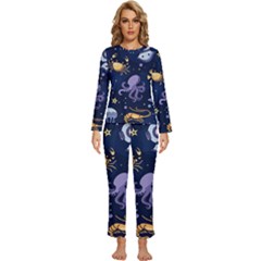 Marine Seamless Pattern Thin Line Memphis Style Womens  Long Sleeve Lightweight Pajamas Set by Pakemis