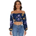 Marine Seamless Pattern Thin Line Memphis Style Long Sleeve Crinkled Weave Crop Top