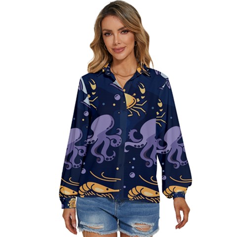 Marine Seamless Pattern Thin Line Memphis Style Women s Long Sleeve Button Down Shirt by Pakemis