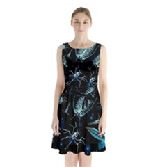 Colorful Abstract Pattern Consisting Glowing Lights Luminescent Images Marine Plankton Dark Backgrou Sleeveless Waist Tie Chiffon Dress by Pakemis