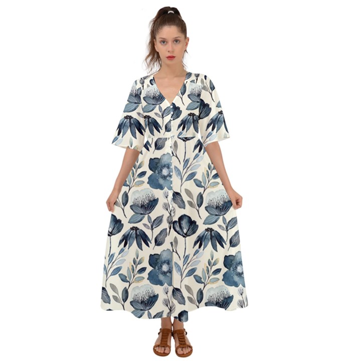 Indigo-watercolor-floral-seamless-pattern Kimono Sleeve Boho Dress