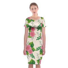 Cute-pink-flowers-with-leaves-pattern Classic Short Sleeve Midi Dress