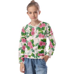 Cute-pink-flowers-with-leaves-pattern Kids  Long Sleeve Tee With Frill 