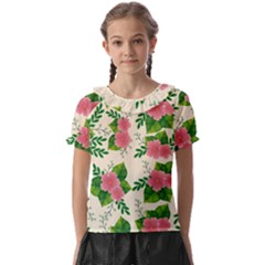 Cute-pink-flowers-with-leaves-pattern Kids  Frill Chiffon Blouse