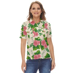 Cute-pink-flowers-with-leaves-pattern Women s Short Sleeve Double Pocket Shirt