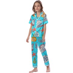 Colored-sketched-sea-elements-pattern-background-sea-life-animals-illustration Kids  Satin Short Sleeve Pajamas Set by Pakemis