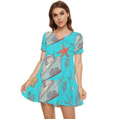 Colored-sketched-sea-elements-pattern-background-sea-life-animals-illustration Tiered Short Sleeve Babydoll Dress