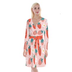 Strawberry-seamless-pattern Long Sleeve Velvet Front Wrap Dress by Pakemis