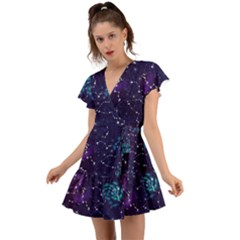 Realistic-night-sky-poster-with-constellations Flutter Sleeve Wrap Dress by Pakemis