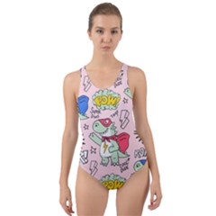 Seamless-pattern-with-many-funny-cute-superhero-dinosaurs-t-rex-mask-cloak-with-comics-style-inscrip Cut-out Back One Piece Swimsuit by Pakemis