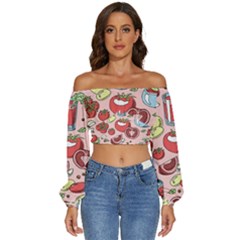 Tomato-seamless-pattern-juicy-tomatoes-food-sauce-ketchup-soup-paste-with-fresh-red-vegetables-backd Long Sleeve Crinkled Weave Crop Top by Pakemis