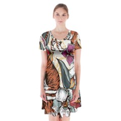 Natural-seamless-pattern-with-tiger-blooming-orchid Short Sleeve V-neck Flare Dress by Pakemis