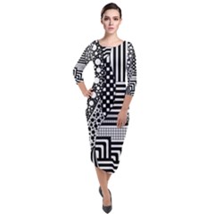 Black And White Quarter Sleeve Midi Velour Bodycon Dress