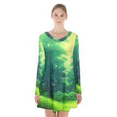 Anime Forrest Nature Fantasy Sunset Trees Woods Long Sleeve Velvet V-neck Dress by Uceng