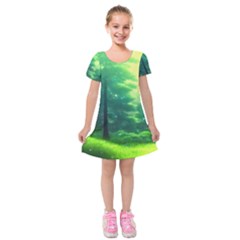 Anime Forrest Nature Fantasy Sunset Trees Woods Kids  Short Sleeve Velvet Dress by Uceng