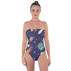 Space Galaxy Planet Universe Stars Night Fantasy Tie Back One Piece Swimsuit by Uceng