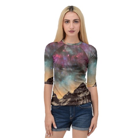 Mountain Space Galaxy Stars Universe Astronomy Quarter Sleeve Raglan Tee by Uceng