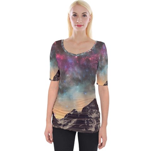 Mountain Space Galaxy Stars Universe Astronomy Wide Neckline Tee by Uceng