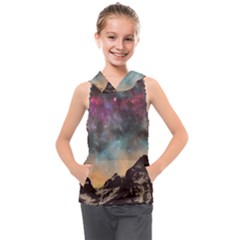 Mountain Space Galaxy Stars Universe Astronomy Kids  Sleeveless Hoodie by Uceng