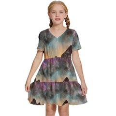 Mountain Space Galaxy Stars Universe Astronomy Kids  Short Sleeve Tiered Mini Dress by Uceng